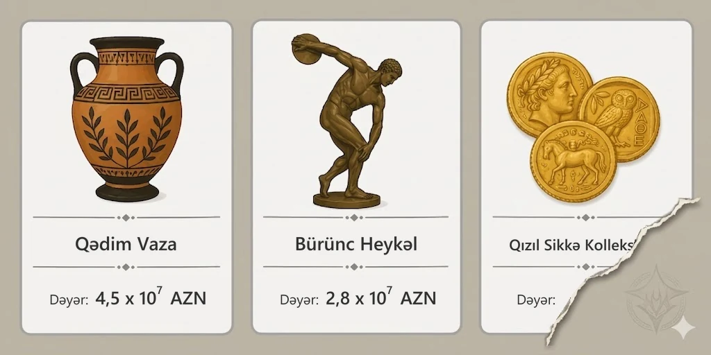 Muzeydəki üç əsərin dəyər etiketləri: Qədim Vaza, Bürünc Heykəl və dəyər etiketi cırıq Qızıl Sikkə Kolleksiyası.
