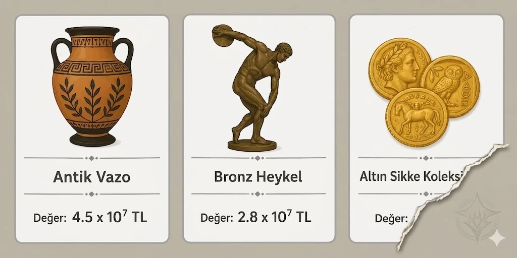 Müzedeki üç eserin değer etiketleri: Antik Vazo, Bronz Heykel ve değer etiketi yırtık Altın Sikke Koleksiyonu.